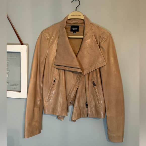 Lamarque Funnel Neck Leather Jacket Tan/Beige Leather size M - Picture 5 of 12